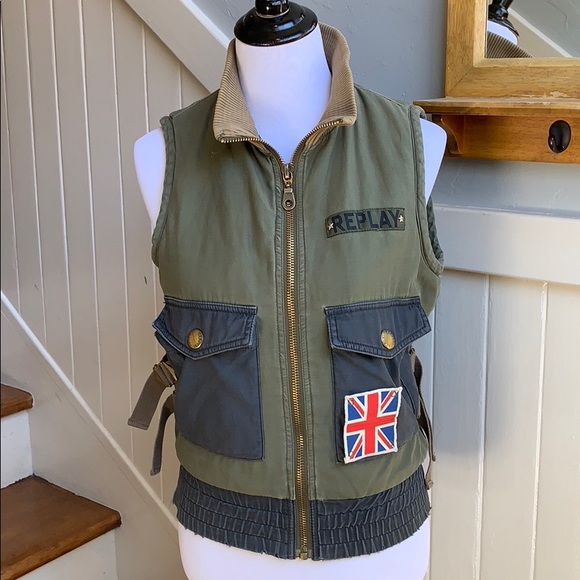 Replay Jackets & Blazers - Replay Army Green Vest with Patches